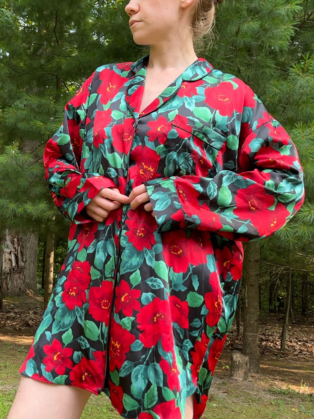 90s Victoria’s Secret Gold Tag Satin Floral Button-Up Pajama Shirt Glam Retro - Picture 9 of 15